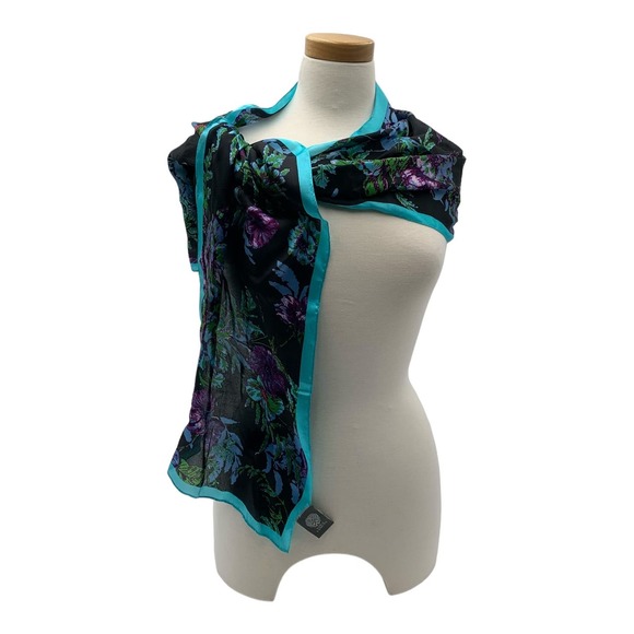 Vince Camuto Accessories - Vince Camuto Silk Scarf Floral Print Black-multi w/ Turquoise Border